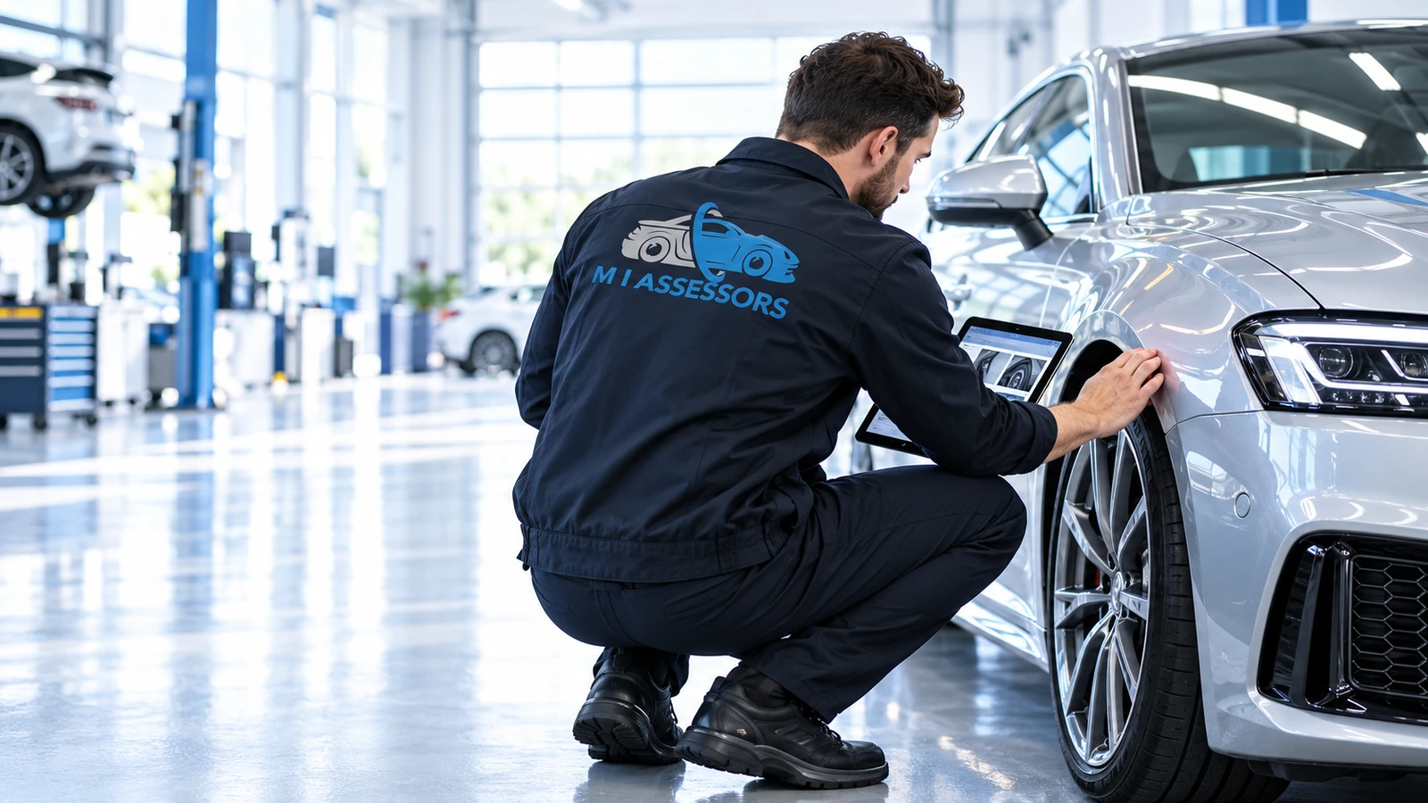 Illustrative image of a vehicle assessor checking a car